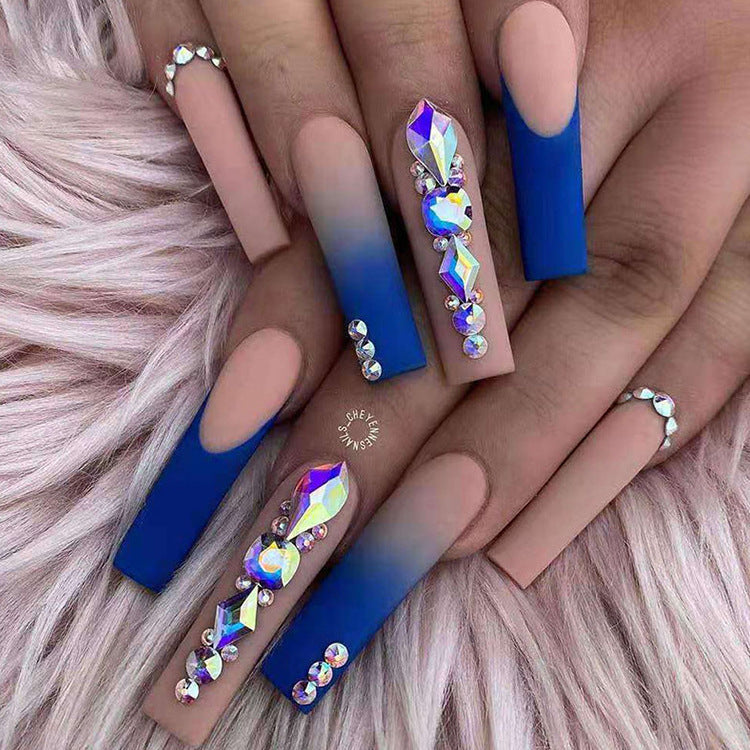Charm dark blue frosted diamonds fake nails 24pcs