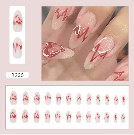 (M-012)ECG-Glossy Heart Press on Nails Pink Almond Medium Fake Nails Love Full Cover Acrylic Stick on Nails for Women and Girls 24Pcs