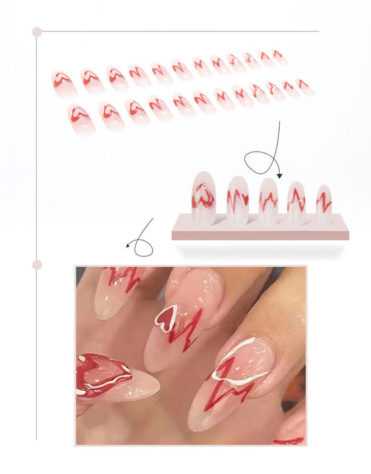 (M-012)ECG-Glossy Heart Press on Nails Pink Almond Medium Fake Nails Love Full Cover Acrylic Stick on Nails for Women and Girls 24Pcs