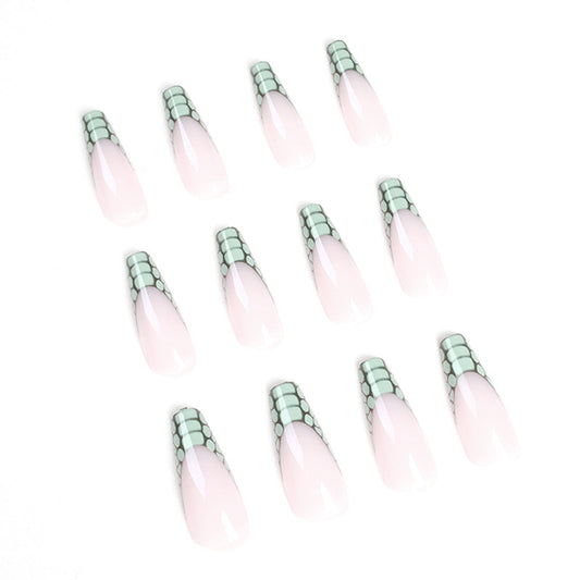 (13)French Crocodile-Extra Long Coffin Press Fake Nails Butterfly Designed Ballerina French Nails Tips Cute Full Cover Artificial False Nails Sets for Women and Girls 24Pcs