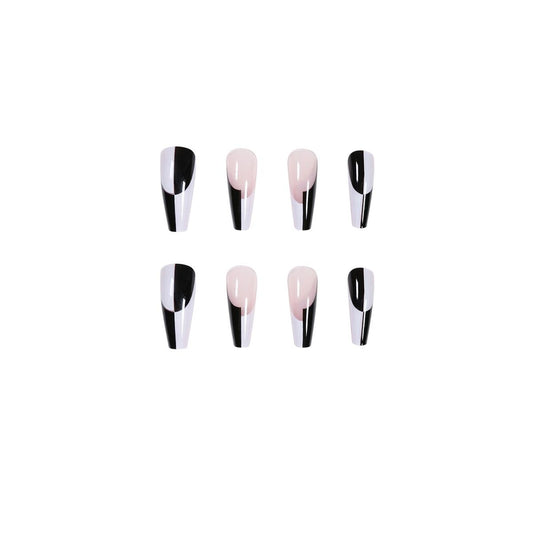 (27)Color Block Ballet-Black and White Checkerboard Medium and Long Ballet Fake Nails 24pcs