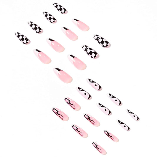 Flame Tai Chi-Press on Nails Medium Abstract Checkerboard Coffin Fake Nails with Designs Glossy False Nails for Women Girls Stick on Nails with Glue on Acrylic Nail Tips
