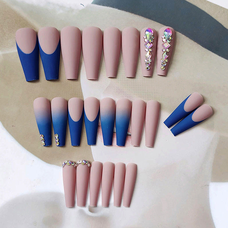 Charm dark blue frosted diamonds fake nails 24pcs