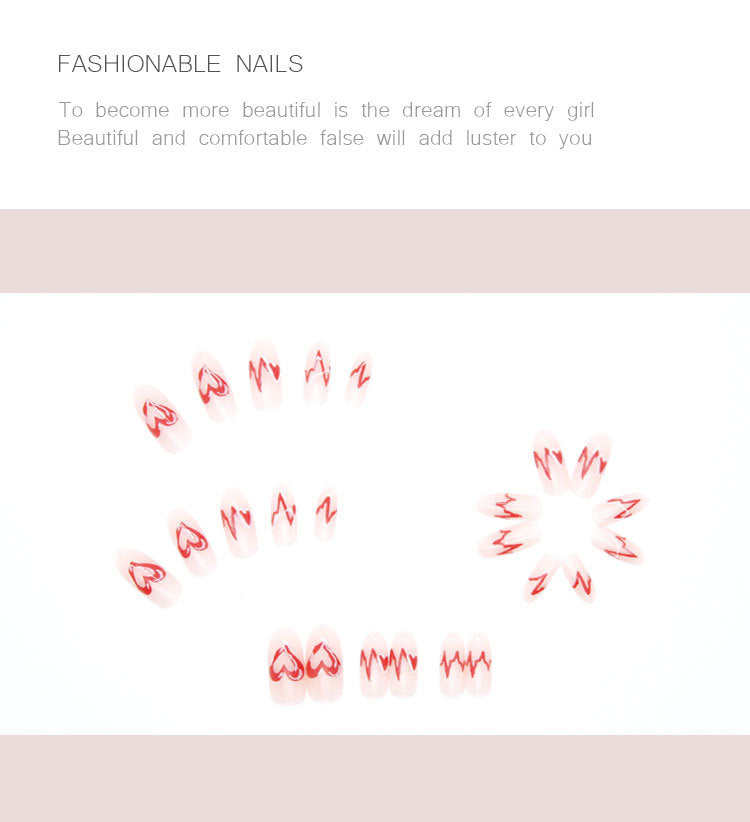 (M-012)ECG-Glossy Heart Press on Nails Pink Almond Medium Fake Nails Love Full Cover Acrylic Stick on Nails for Women and Girls 24Pcs