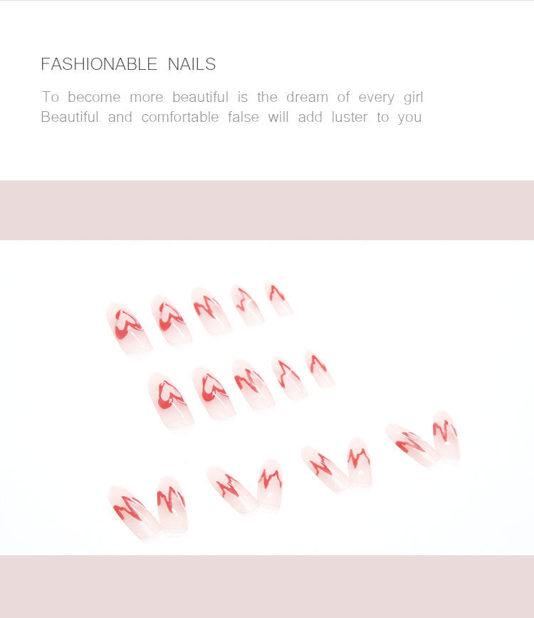 (M-012)ECG-Glossy Heart Press on Nails Pink Almond Medium Fake Nails Love Full Cover Acrylic Stick on Nails for Women and Girls 24Pcs