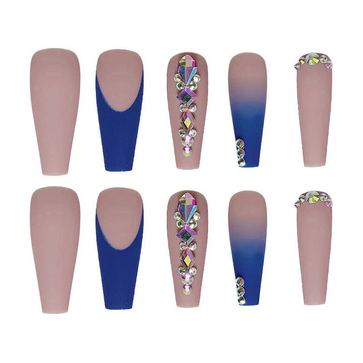 Charm dark blue frosted diamonds fake nails 24pcs