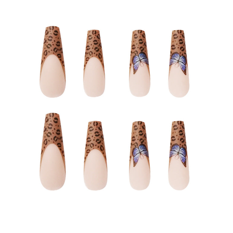 Sexy Butterfly - Extra Long Coffin Press on Nails Matte Brown Leopard Fake Nails Butterfly Designed Ballerina French Nails Tips Cute Full Cover Artificial False Nails Sets for Women and Girls 24Pcs