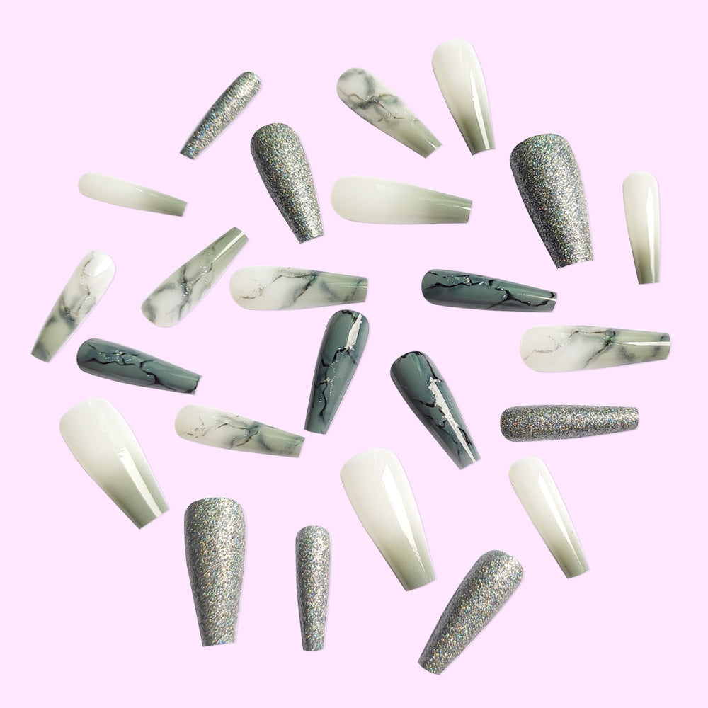 LS-Marble Style-Long Square Glossy Detachable Fake Nails 24pcs