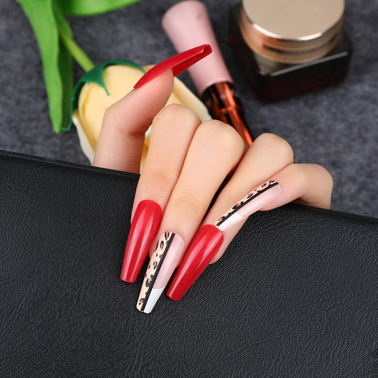 RED Long Ballerina False Nail Leopard Coffin Fake Nails Press on 24Pcs Acrylic Art Nail Tips For Women and Girls(L-014)