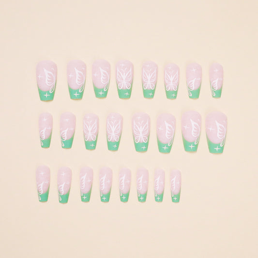 French Green Butterfly Mid Length Fake Nails 24PCS