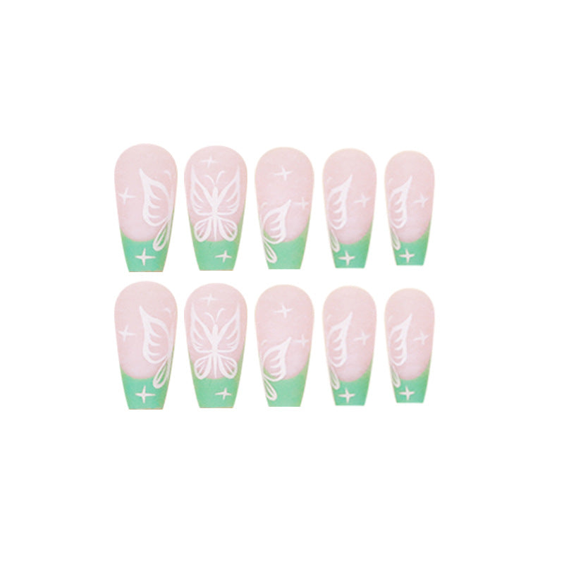 French Green Butterfly Mid Length Fake Nails 24PCS