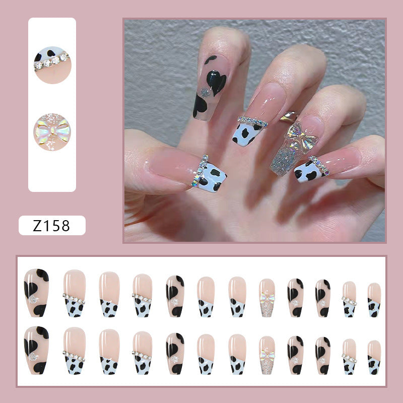 (L-55)Cow Butterfly-24PCS Press on Nails Long Acrylic Ballerina Coffin Fake Nails Full Cover False Nails with Cow Printed Rhinestonew Sparkling Bow for Women Girls