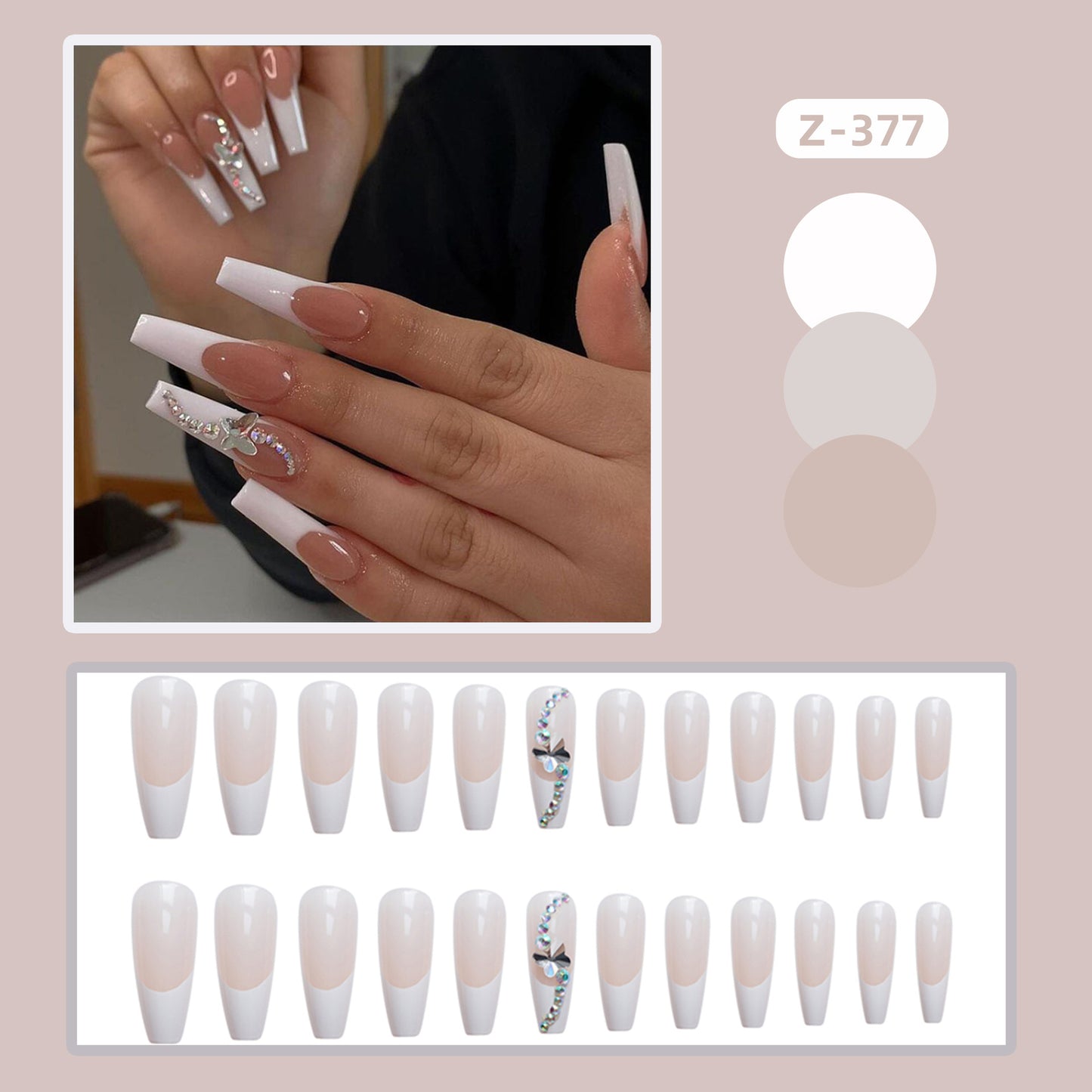 (L-59)24 Pcs Press on Nails Long Fake Nails Acrylic Ballet French White Illuminate Butterfly adhesive tape on Nails Design Nails for Women and Girls