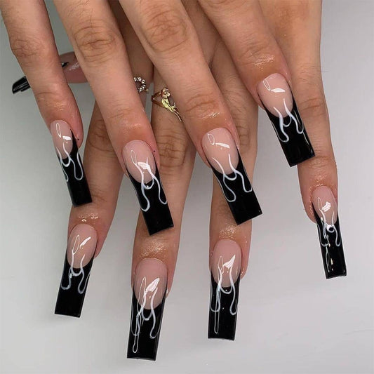 (L-021)FN-Black Flame 24pcs Matte Coffin Press on Nails Extra Long Ballerina Fake Nails Cute Pop False Nails Acrylic Fake Fingernails Full Cover Manicure for Women & Girls