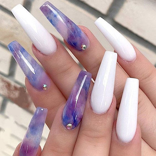 (07)Fantasy purple-Extra Long Coffin Press Fake Nails Butterfly Designed Ballerina French Nails Tips Cute Full Cover Artificial False Nails Sets for Women and Girls 24Pcs