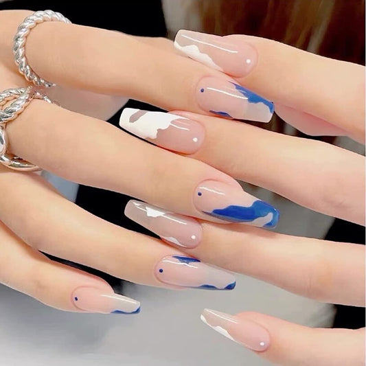 (06)Pattern-Nude Coffin Press on Nails, Blue and White Geometric Pattern Fake Nails, Mandarin Duck False Nails, Stick on Nails for Women and Girls, Medium Length Artificial Nail Tips, Nail Art Decoration 24Pcs