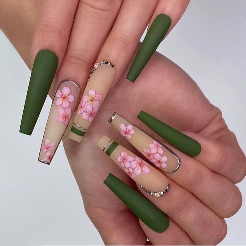 (35)Green Flowers-Long Coffin Press on Nails with Designs Ballerina Fake Nails Tips Full Cover Acrylic False Nails for Women and Girls24PCS