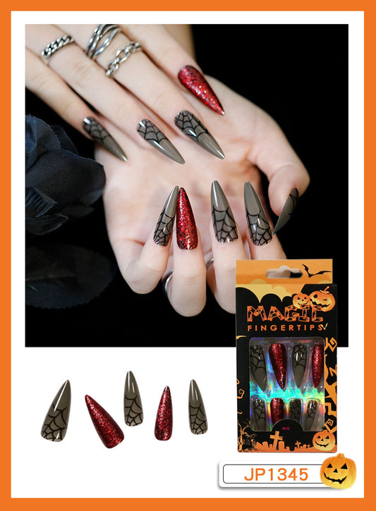 (L-018)Spider Queen-24 PCS Coffin Acrylic Nails Stick Glue on Nails Art Salon Fake Nails Full Cover False Nails for Women and Girls Halloween Decor