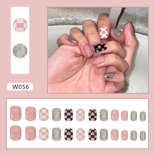 (05)Strobe Checkerboard-Short Press on Nails, Glossy Square Fake Nails, Squoval False Nails, Checkerboard Acrylic Nails with Glue for Women and Girls