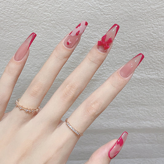 (M-15)Pink Girl-Bow Fake Nails Pink Press On Nails Ballet False Nails for Girls Women (24PCS)