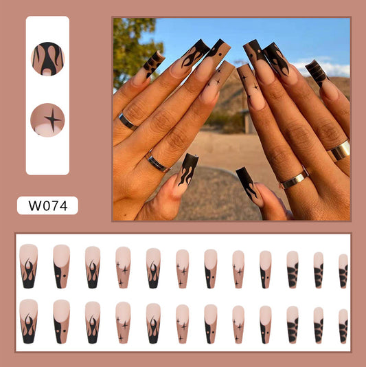 (22)Brown Flame-Long Coffin Press on Nails, Black Flame Fake Nails Matte False Nails Full Cover Glossy Acrylic Nails for Women and Girls