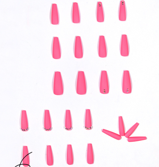 (L-005)Pink Necklace Gem  Coffin Fake Nails Acrylic Press on Full Cover Fake Nails 24pcs