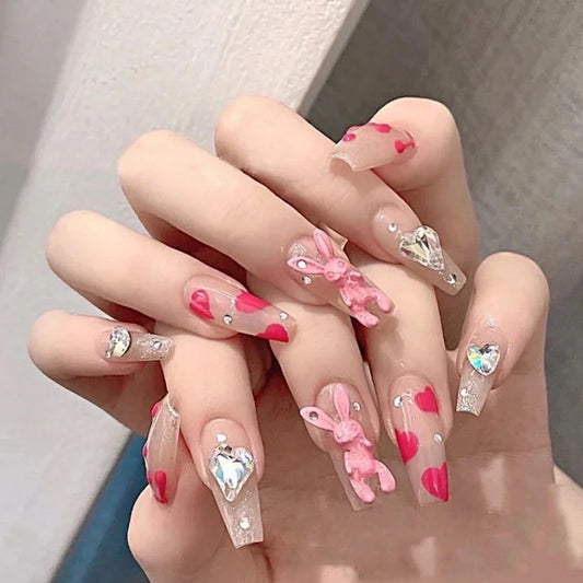 (15)Love Rabbit-24 Pcs Press on Nails Medium with Designs, Coffin Acrylic False Nails,Ballerina Artificial Glue on Nails, Rabbit Resin Charms and Rhinestones Stick on Nails for Women Nails Art Decoration
