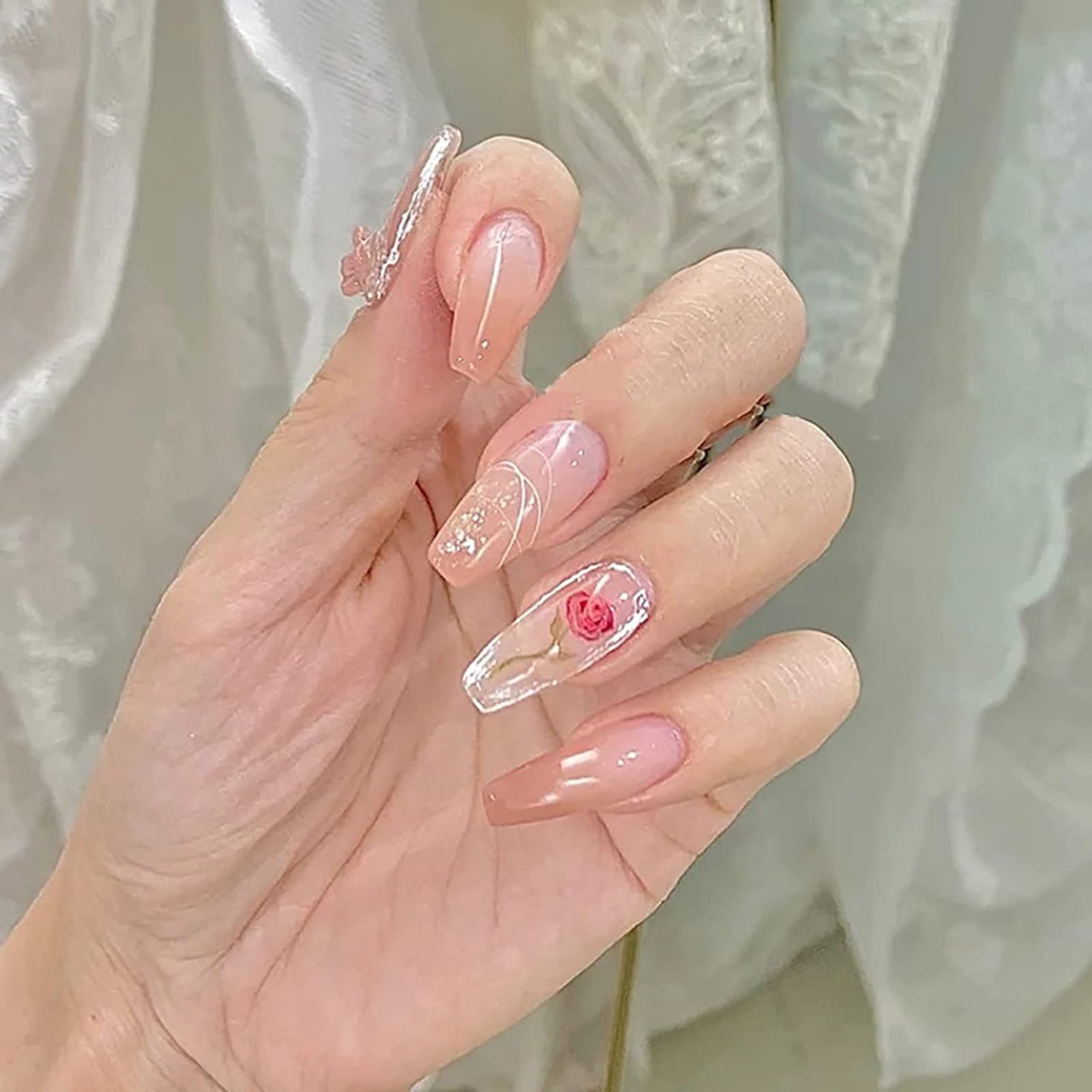 (L-53)Watercolor Roses-Glossy Ballerina Fake Nails with Design Medium Red Press on Nails Coffin Shape False Nails with Roses Acrylic Nails for Women and Teen Girls(24pcs)