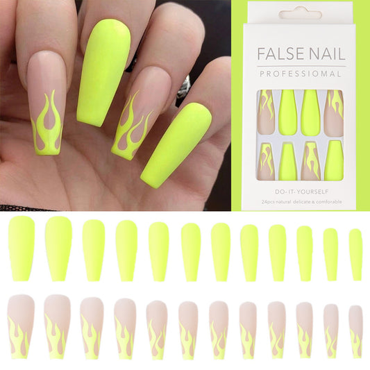 (30)Passion Flame-Yellow Flame Press on Nails Medium Length,Glossy Full Cover Fake Nails With Glue Sticker,False Nails Art Decoration,Home DIY Fingernails Artificial Acrylic Nails Tips for Women Girls 24PCS