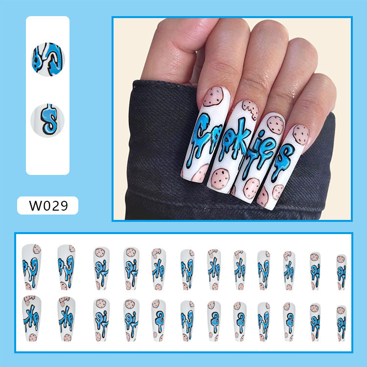 Cute Cookies-24pcs Extra Long Cookies Press on Nails Coffin Fake Nails Full Cover Acrylic Blue False Nails Tips Glossy Ballerina Clip on Nails for Women and Girls(L-36)