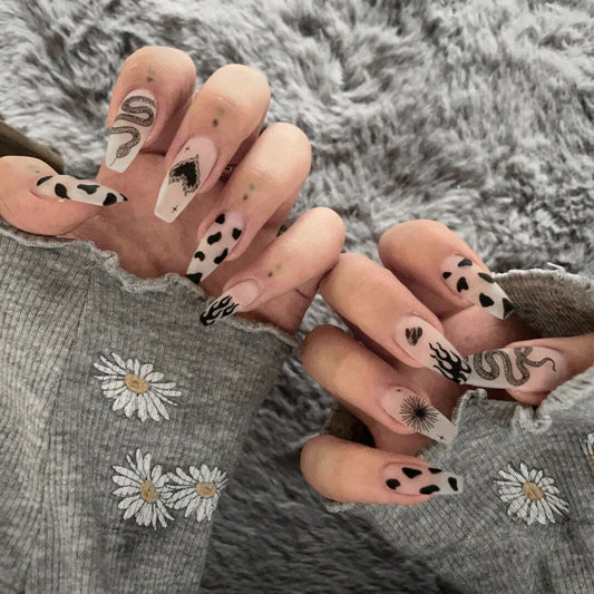 (L-44)Viper-Long Coffin Press on Nails Matte Ballerina Fake Nails Black Snake False Nails with Designs Acrylic Glue on Nails for Women and Girls