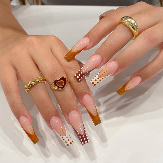 (02)Brown polka dot-Long Coffin Press on Nails with Designs Ballerina Fake Nails Tips Full Cover Acrylic False Nails for Women and Girls24PCS