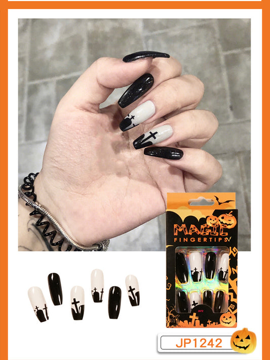 (L-024)Cross-Glossy Coffin Press on Nails Punk Fake Nails with Designs Long Black False Nails Full Cover Ballerina Acrylic Nails