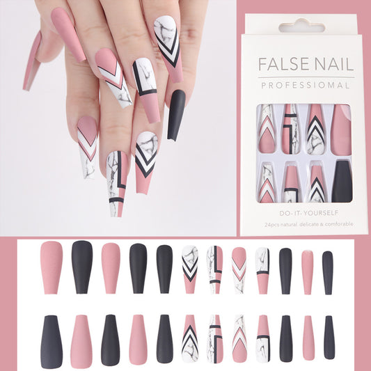 (L-029)Pink Marble-Nails Long Coffin Fake Marble Nails Design Acrylic Full Cover Nails Tips Press on Nail Art Decoration for Women and Girls Fake Nails 24pcs