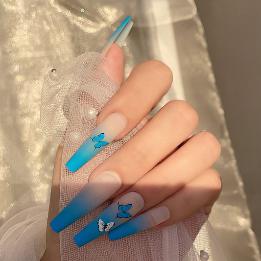 (29)Blue Coffin Press On Nails, Long Ballerina Fake Nails False Nails, Press On Nails with Designs, Glue On Nails, 24PCS Press Ons Full Size for Women Girls(L-015)