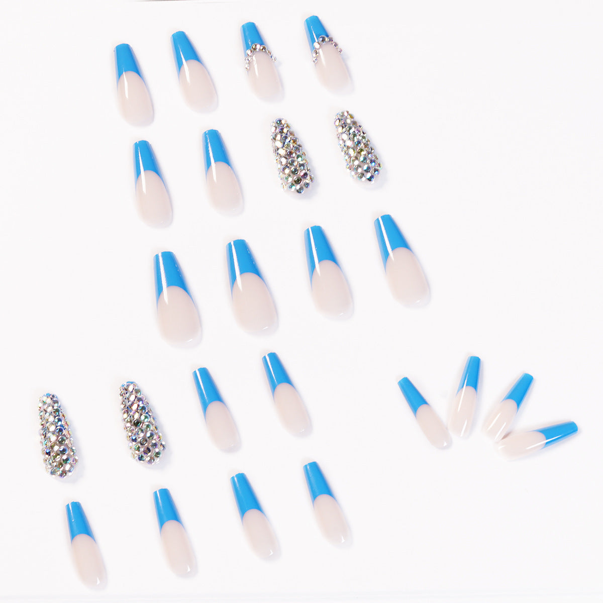 (23)Shine blue-Extra Long Coffin Press Fake Nails Butterfly Designed Ballerina French Nails Tips Cute Full Cover Artificial False Nails Sets for Women and Girls 24Pcs