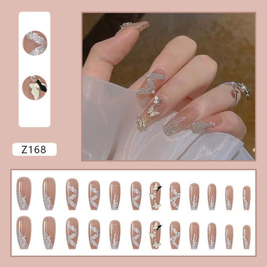 (L-49)Shine Butterfly-Nude Luxury Fake Nails Extra Long Press on Butterfly Rhinestone Nails Bling Square Acrylic False Nails With Glue Sticker Prom Women's Nails False Nails 24 pcs