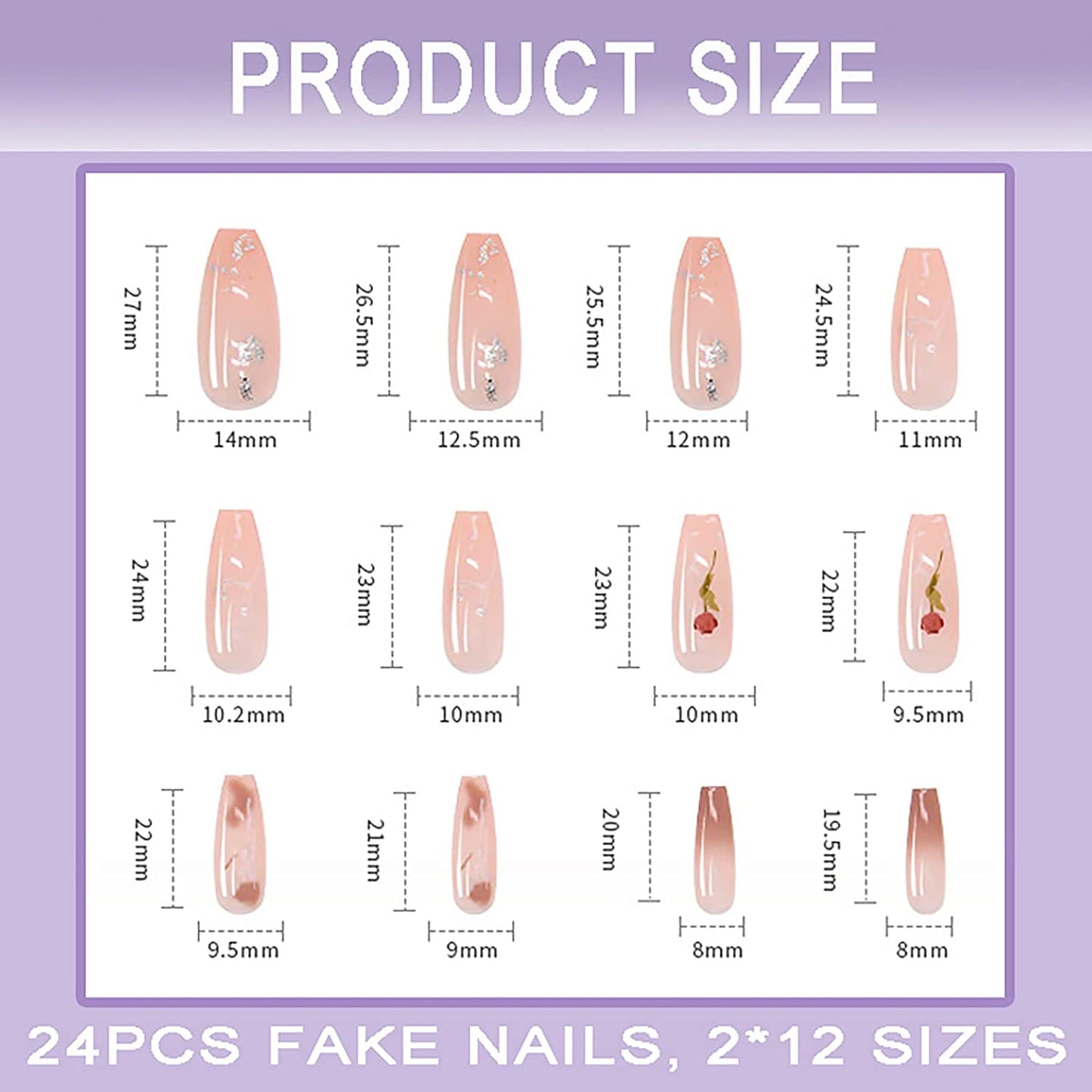 (L-53)Watercolor Roses-Glossy Ballerina Fake Nails with Design Medium Red Press on Nails Coffin Shape False Nails with Roses Acrylic Nails for Women and Teen Girls(24pcs)