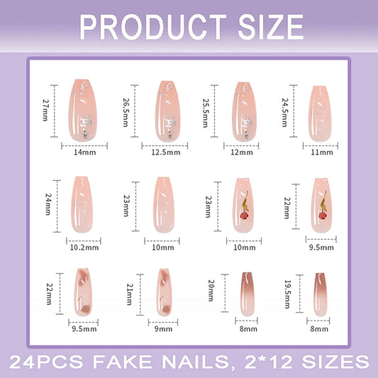 (L-53)Watercolor Roses-Glossy Ballerina Fake Nails with Design Medium Red Press on Nails Coffin Shape False Nails with Roses Acrylic Nails for Women and Teen Girls(24pcs)