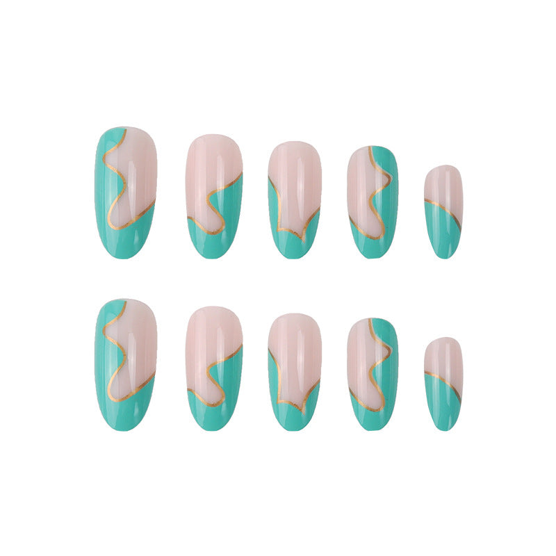 (24)Spring French-Almond Nail Green French Fake Nails