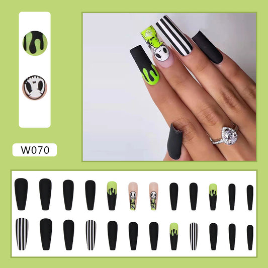 (11)Classic Stripes--Black Press on Nails Long Skeleton Stripe Coffin Fake Nails with Designs Glossy False Nails for Women Girls Stick on Nails with Glue on Acrylic Nail Tips