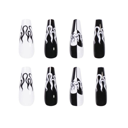 (04)Black flame-Extra Long Coffin Press Fake Nails Butterfly Designed Ballerina French Nails Tips Cute Full Cover Artificial False Nails Sets for Women and Girls 24Pcs