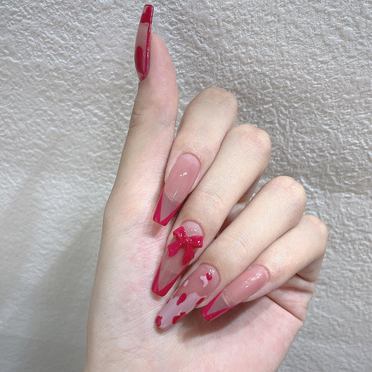(M-15)Pink Girl-Bow Fake Nails Pink Press On Nails Ballet False Nails for Girls Women (24PCS)