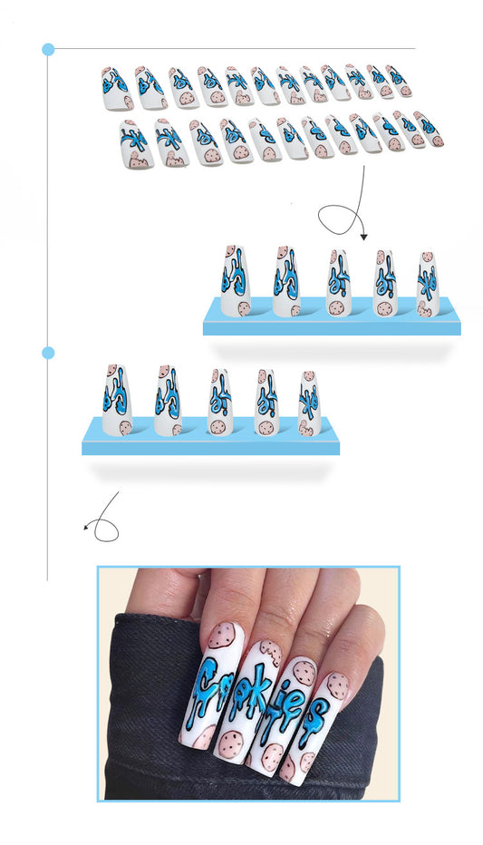 Cute Cookies-24pcs Extra Long Cookies Press on Nails Coffin Fake Nails Full Cover Acrylic Blue False Nails Tips Glossy Ballerina Clip on Nails for Women and Girls(L-36)