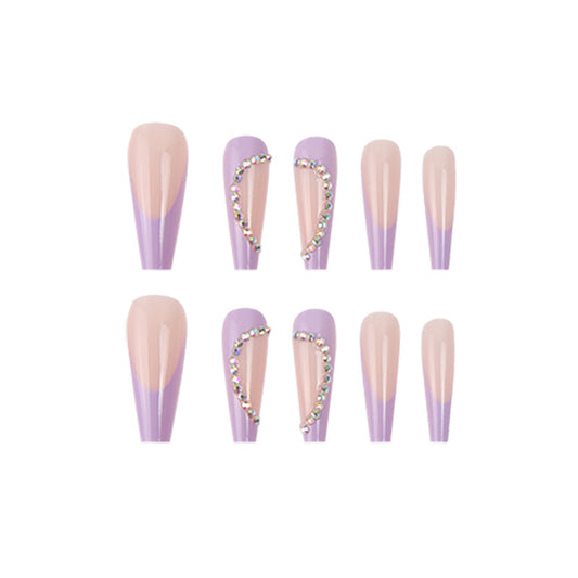 (19)Purple Heart- Extra Long Coffin Press Fake Nails Butterfly Designed Ballerina French Nails Tips Cute Full Cover Artificial False Nails Sets for Women and Girls 24Pcs