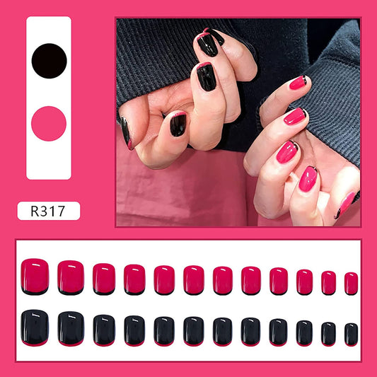 (18)Different Mood-Press on Nails Short, Black&Pink Double Color Fake Nails with Glue, Simple Acrylic Artificial Nails False Nails Ballerina French Tip for Women Daily Life Holiday