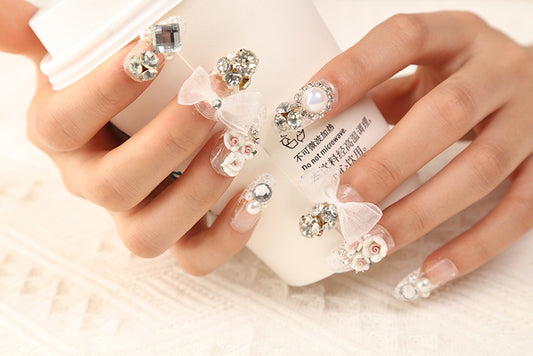 (08)White princess-Glossy False Nails Crystal Rhinestone Fake Nails Peral Full Cover Nails Tips Sets Wedding Party Prom Clip on Nails for Women and Girls (24pcs)