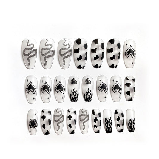 (L-44)Viper-Long Coffin Press on Nails Matte Ballerina Fake Nails Black Snake False Nails with Designs Acrylic Glue on Nails for Women and Girls