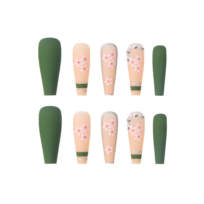 (35)Green Flowers-Long Coffin Press on Nails with Designs Ballerina Fake Nails Tips Full Cover Acrylic False Nails for Women and Girls24PCS