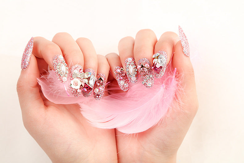 (M-99)Medium and long pink fake nails inlaid with diamonds 24PCS